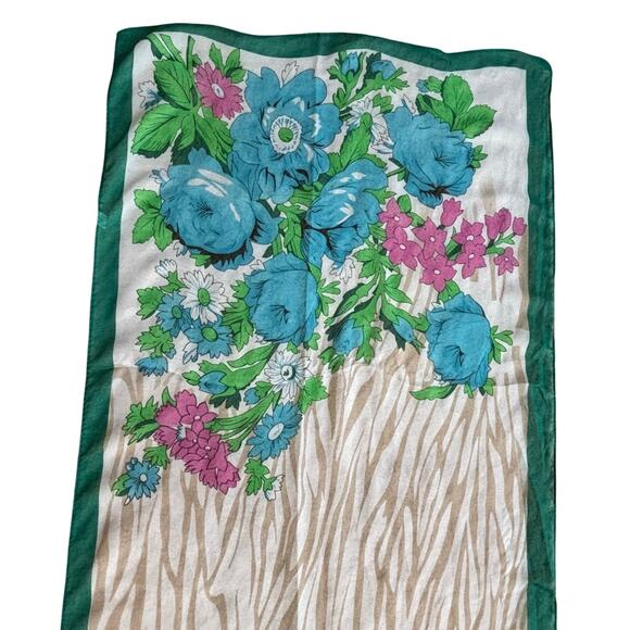 Silky sheer chiffon scarf long rectangle blue green tan tropical floral flowers - Picture 3 of 8